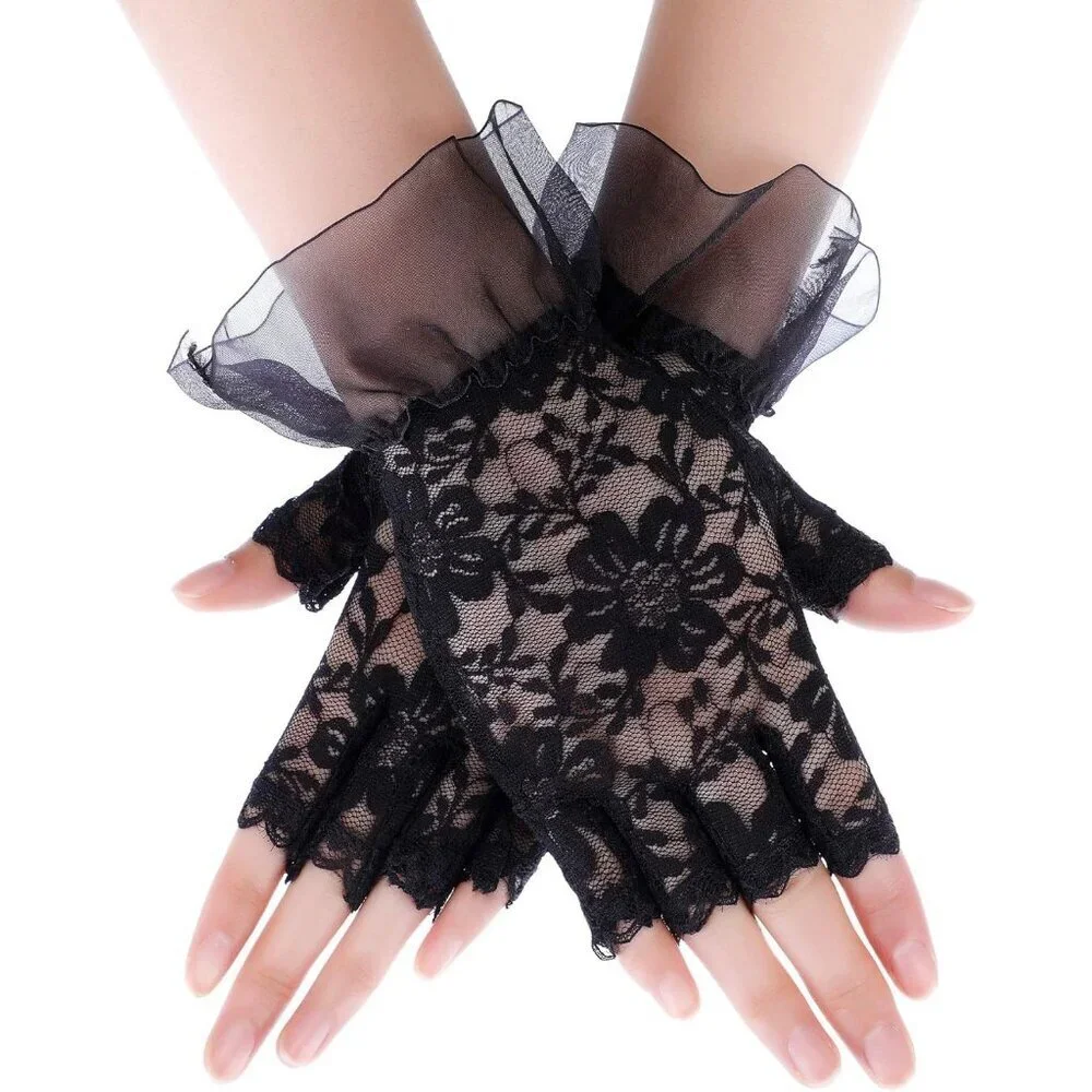 Women's Black Lace Short Floral Halloween Cosplay Dress Up Costume Gloves